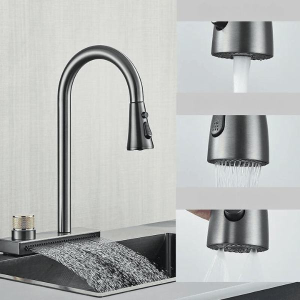 Kitchen Faucet Flexible Pull Out 3 Way Nozzle Gourmet Kitchen Faucets Black Rain Waterfall Kitchen Sink Mixer Tap Crane - novelvine