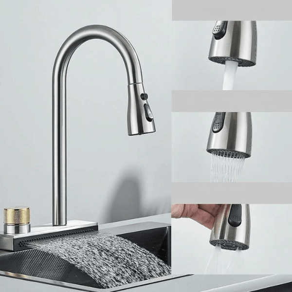 Kitchen Faucet Flexible Pull Out 3 Way Nozzle Gourmet Kitchen Faucets Black Rain Waterfall Kitchen Sink Mixer Tap Crane - novelvine
