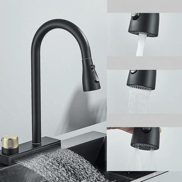 Kitchen Faucet Flexible Pull Out 3 Way Nozzle Gourmet Kitchen Faucets Black Rain Waterfall Kitchen Sink Mixer Tap Crane - novelvine