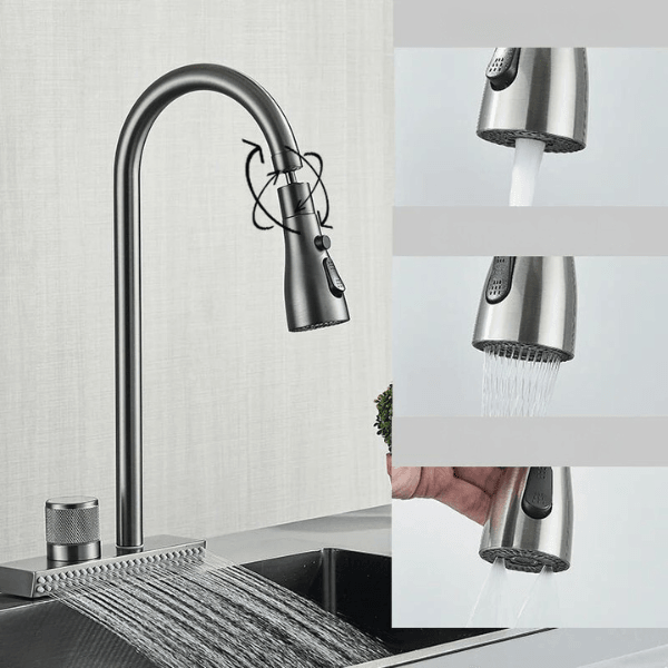Kitchen Faucet Flexible Pull Out 3 Way Nozzle Gourmet Kitchen Faucets Black Rain Waterfall Kitchen Sink Mixer Tap Crane - novelvine