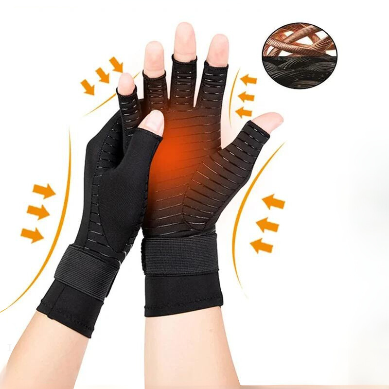 Compression Arthritis Gloves for Joint Pain Relief - Half Finger Brace Therapy with Copper, Anti-slip Wrist Support