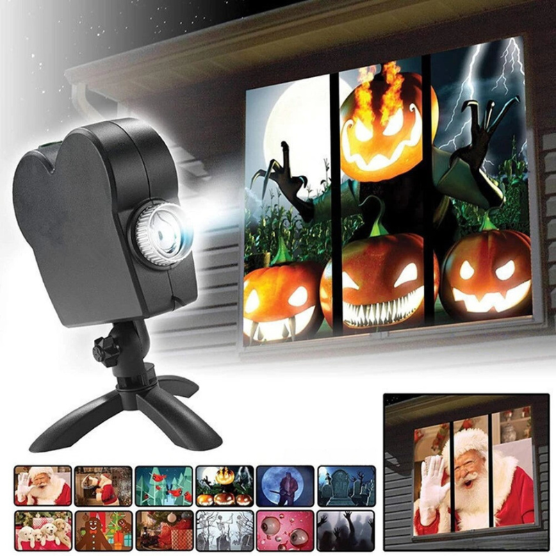 Halloween & Christmas Outdoor LED Projector - 12 Movie Holographic Waterproof Stage Lights for Spooky Parties - EU Plug