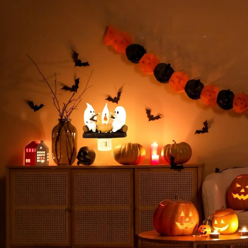 Ghost Campfire Nightlight – Flickering Halloween Plug-In with Pumpkin Design