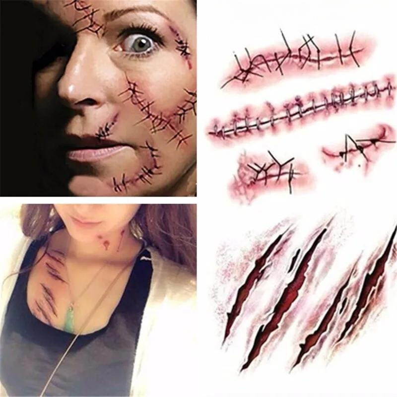 Halloween Zombie Scars Waterproof 3D Bite Mark Tattoo Stickers – Fake Scab Blood, Special Costume Neck Tattoos