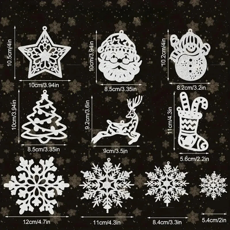 20pcs Silver Christmas Party Decorations – Sparkling Snowman, Reindeer, Santa Claus, Snowflake, & Tree Ornaments