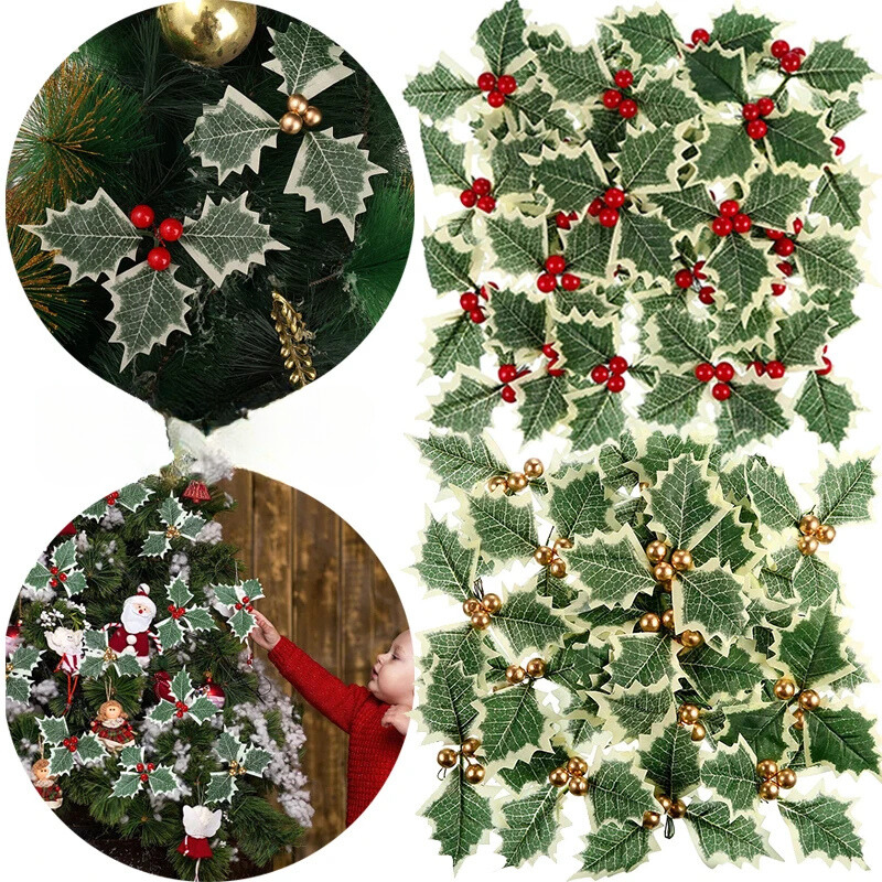 Christmas Holly Leaves & Red Berries – Artificial DIY Wreath Décor for Home, Party, Xmas Tree & New Year Gifts