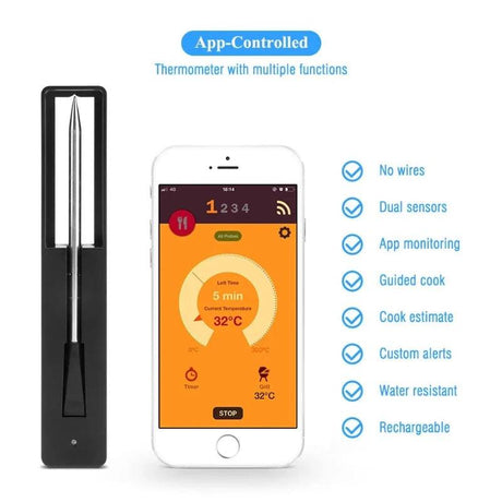 Wireless Meat Food Thermometer for Oven Grill BBQ Smoker Kitchen Smart Digital Bluetooth Barbecue Thermometer Temperature Gauge - novelvine