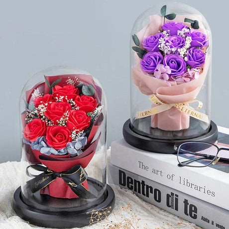 Soap Rose Bouquet In Glass Dome Artificial Sun Flower Eternal Love for Valentine ,Mother Day and Christmas Gift for Women - novelvine