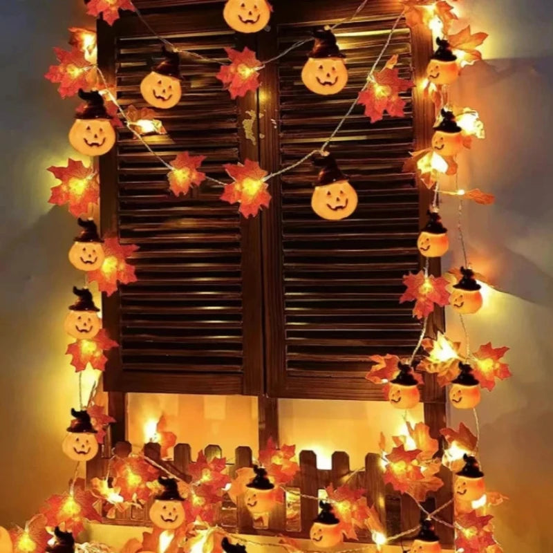 Autumn Maple Leaf & Pumpkin Garland with LED Lights – Thanksgiving & Halloween Décor