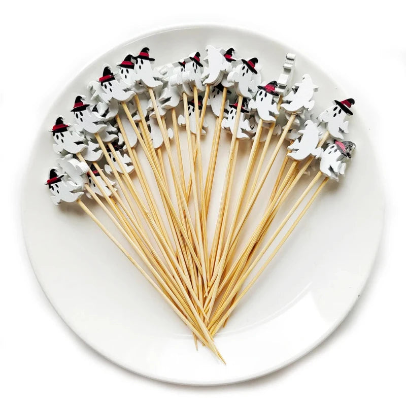 100/50 Pcs Halloween Disposable Bamboo Skewers – Pumpkin, Ghost Cocktail Sticks for Buffet & Desserts