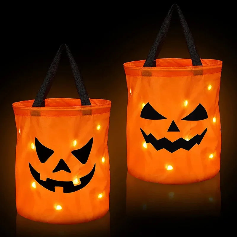 LED Light Halloween Pumpkin Candy Bucket – Collapsible Trick or Treat Bag for Party & Thanksgiving Gift Basket