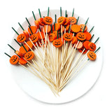 100/50 Pcs Halloween Disposable Bamboo Skewers – Pumpkin, Ghost Cocktail Sticks for Buffet & Desserts