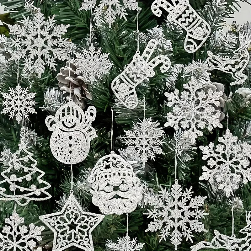 20pcs Silver Christmas Party Decorations – Sparkling Snowman, Reindeer, Santa Claus, Snowflake, & Tree Ornaments