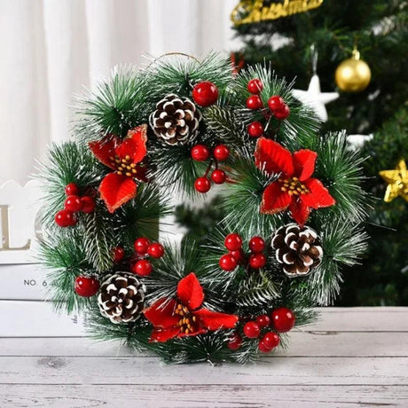 Christmas Wreath with Pinecones Red Berries Ribbon Snowflake for Front Door Christmas Party Decor Winter Outdoor Indoor 1pack - novelvine