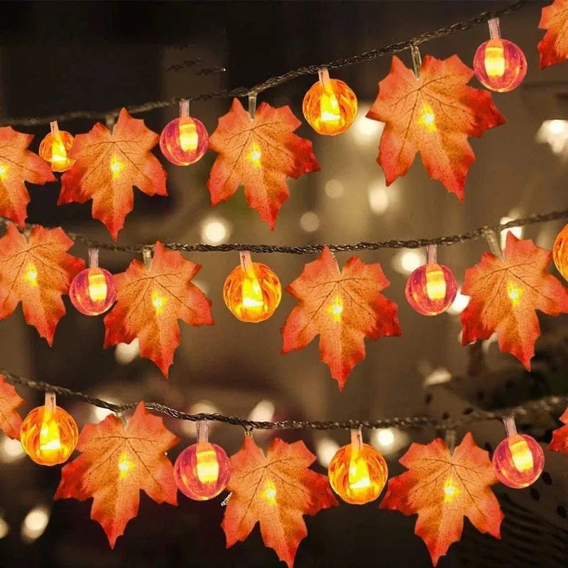 Autumn Maple Leaf & Pumpkin Garland with LED Lights – Thanksgiving & Halloween Décor