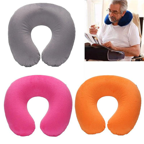 U-shaped Travel Pillow Car Air Flight Office Inflatable Neck Pillow Short Plush Cover PVC Support Headrest Soft Nursing Cushion - novelvine