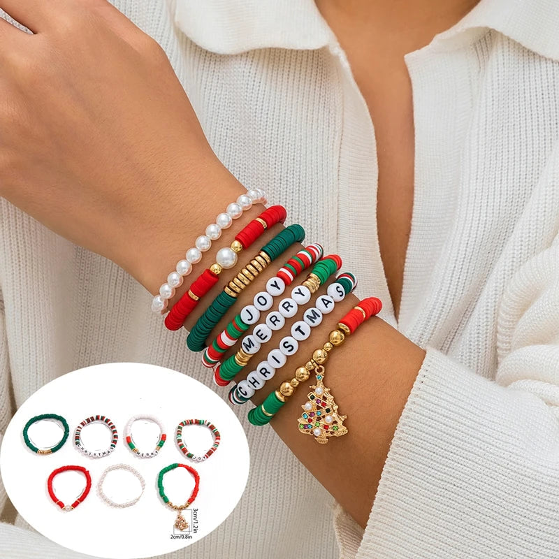 5PCS Christmas Crystal Charm Bracelet Set – Snowflake, Tree & Beaded Adjustable Rope Bracelets for Women