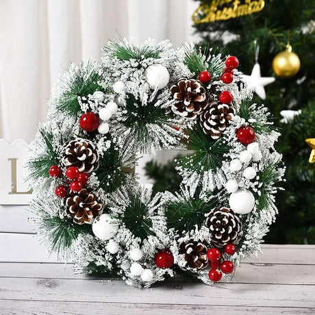 Christmas Wreath with Pinecones Red Berries Ribbon Snowflake for Front Door Christmas Party Decor Winter Outdoor Indoor 1pack - novelvine