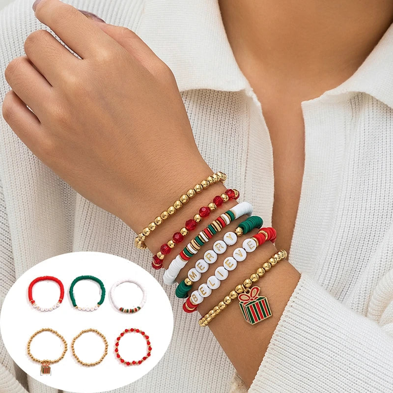 5PCS Christmas Crystal Charm Bracelet Set – Snowflake, Tree & Beaded Adjustable Rope Bracelets for Women