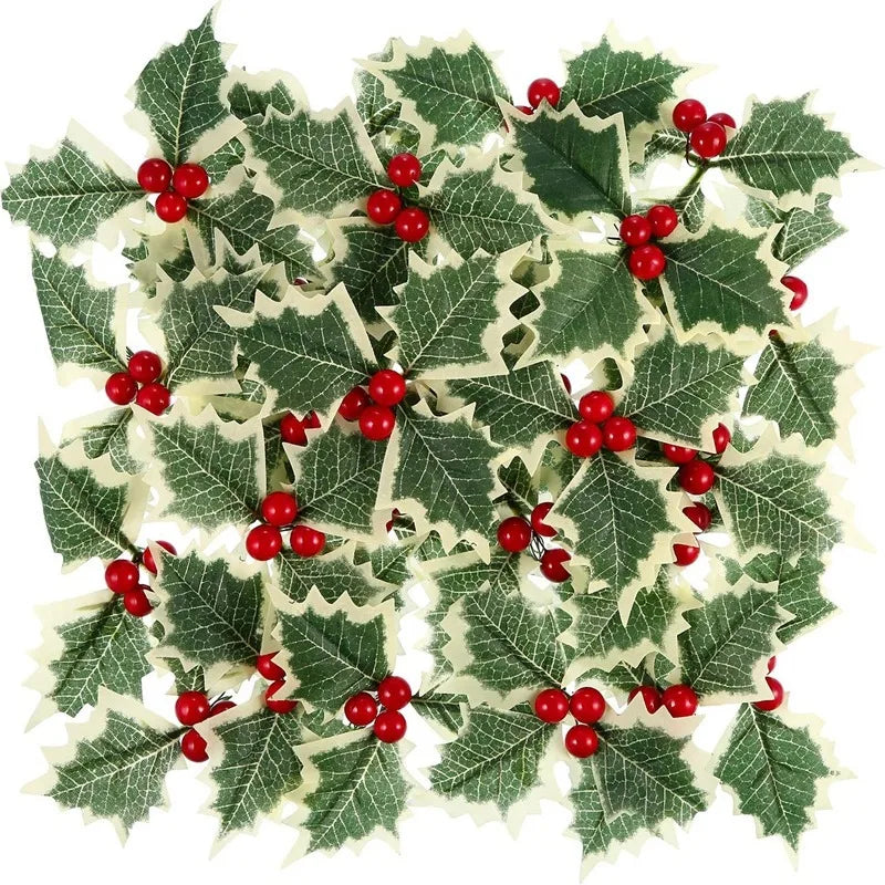 Christmas Holly Leaves & Red Berries – Artificial DIY Wreath Décor for Home, Party, Xmas Tree & New Year Gifts