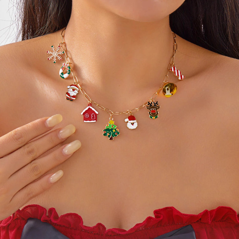 New Year Christmas Tree Pendant Necklace – Rhinestone Snowflake, Santa Claus & Bell Choker for Women | Festive Holiday Party Jewelry Gift