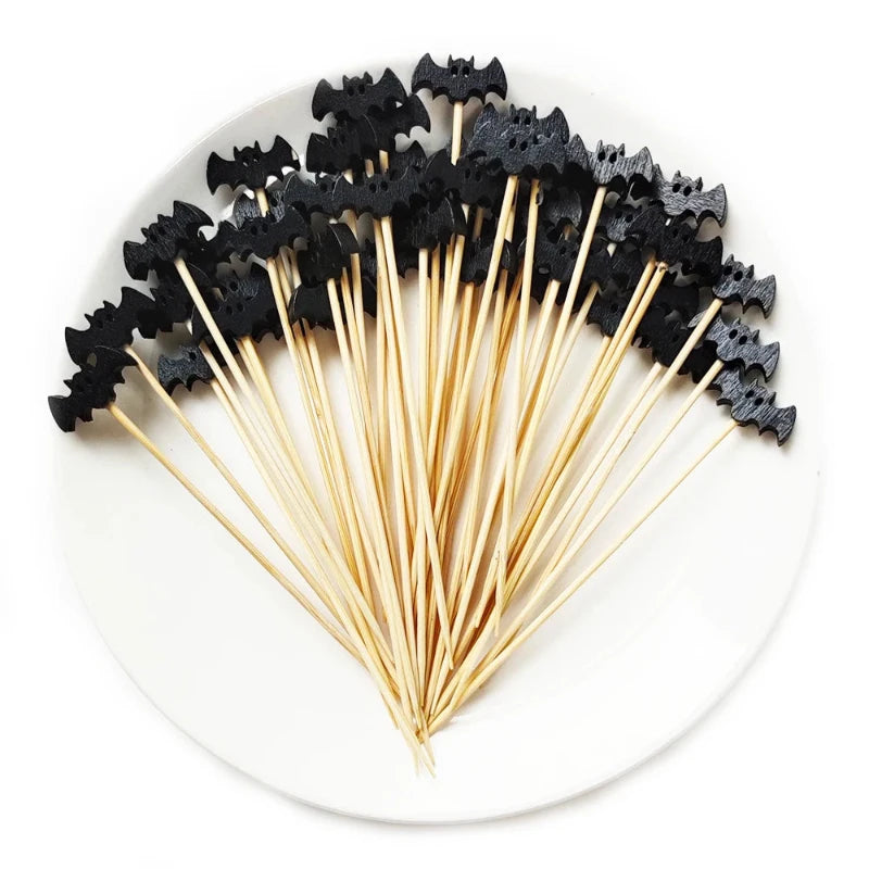 100/50 Pcs Halloween Disposable Bamboo Skewers – Pumpkin, Ghost Cocktail Sticks for Buffet & Desserts