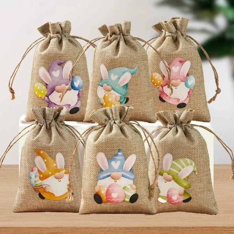 6Pcs Easter Linen Gift Bag: Bunny Candy Cookie Packing Bags for Spring Party Favors, Kids' Birthday, and Easter Gifts