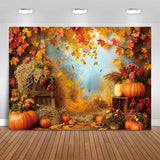 Fall Harvest Pumpkin Barn Backdrop – Autumn Maple Thanksgiving Photography Background for Festivals