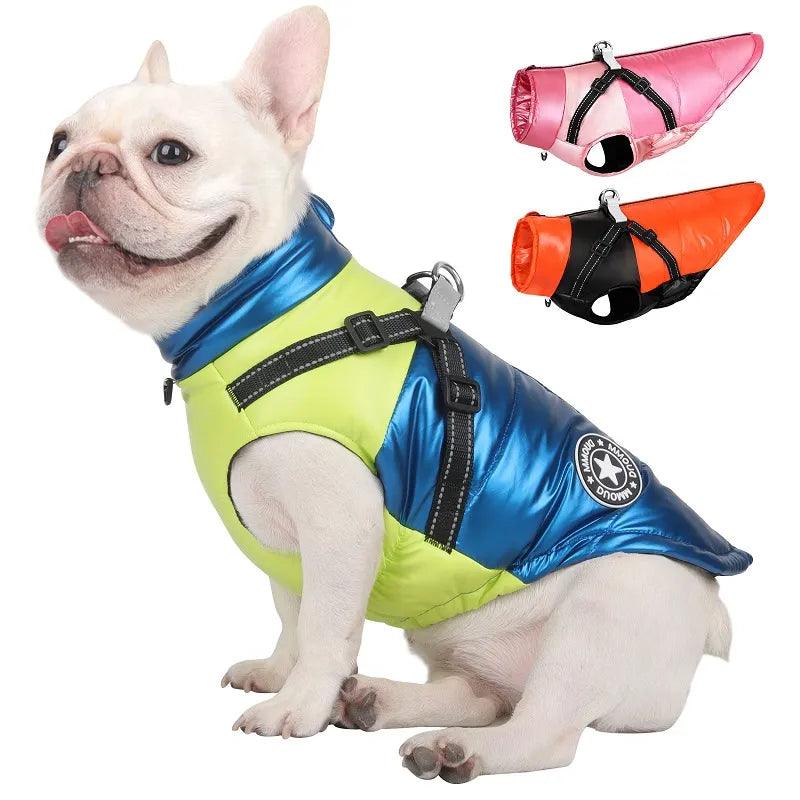 Warm Winter Dog Clothes Waterproof Dogs Vest French Bulldog Jacket Reflective Pet Clothing With Harness For Small Medium Dogs - novelvine