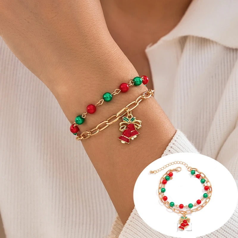 5PCS Christmas Crystal Charm Bracelet Set – Snowflake, Tree & Beaded Adjustable Rope Bracelets for Women