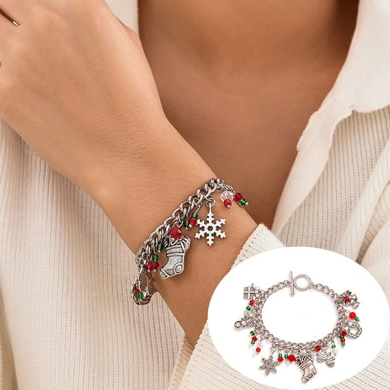 5PCS Christmas Crystal Charm Bracelet Set – Snowflake, Tree & Beaded Adjustable Rope Bracelets for Women