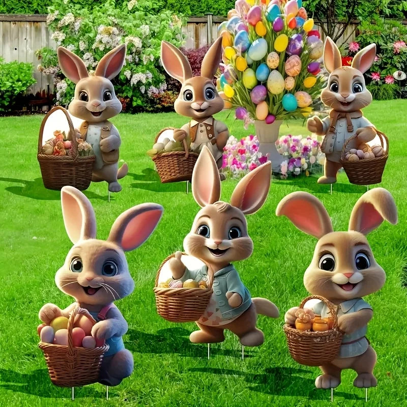 6-Piece Vintage Easter Bunny Garden Decoration Set with Stakes – Adorable Spring & Easter Rabbit Lawn Decor with Colorful Eggs