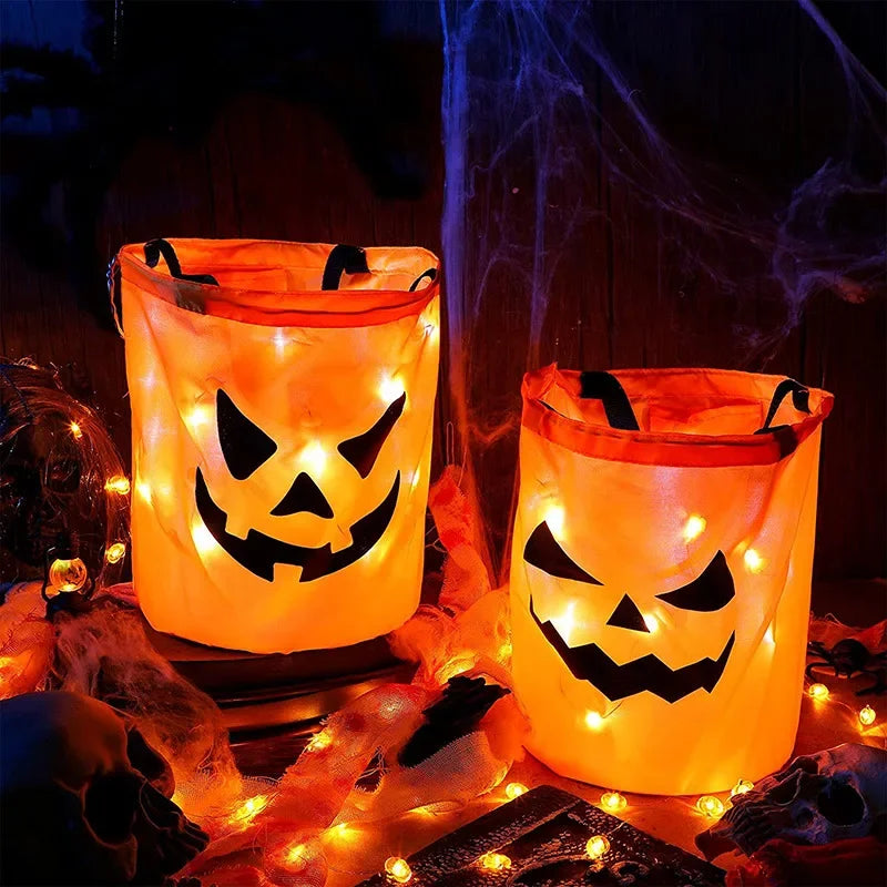 LED Light Halloween Pumpkin Candy Bucket – Collapsible Trick or Treat Bag for Party & Thanksgiving Gift Basket