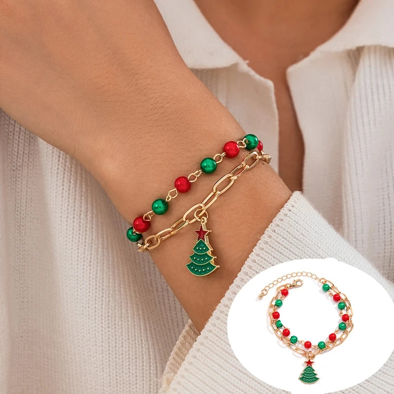 5PCS Christmas Crystal Charm Bracelet Set – Snowflake, Tree & Beaded Adjustable Rope Bracelets for Women