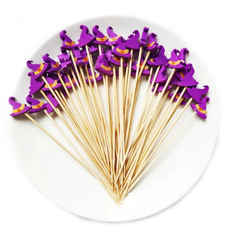 100/50 Pcs Halloween Disposable Bamboo Skewers – Pumpkin, Ghost Cocktail Sticks for Buffet & Desserts