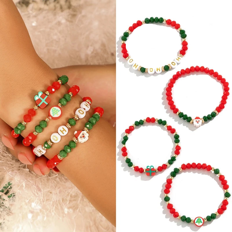 5PCS Christmas Crystal Charm Bracelet Set – Snowflake, Tree & Beaded Adjustable Rope Bracelets for Women