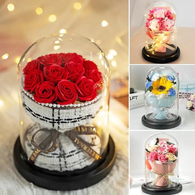 Soap Rose Bouquet In Glass Dome Artificial Sun Flower Eternal Love for Valentine ,Mother Day and Christmas Gift for Women - novelvine