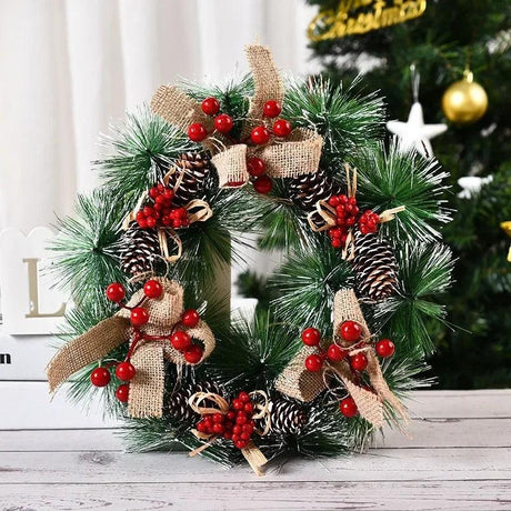 Christmas Wreath with Pinecones Red Berries Ribbon Snowflake for Front Door Christmas Party Decor Winter Outdoor Indoor 1pack - novelvine