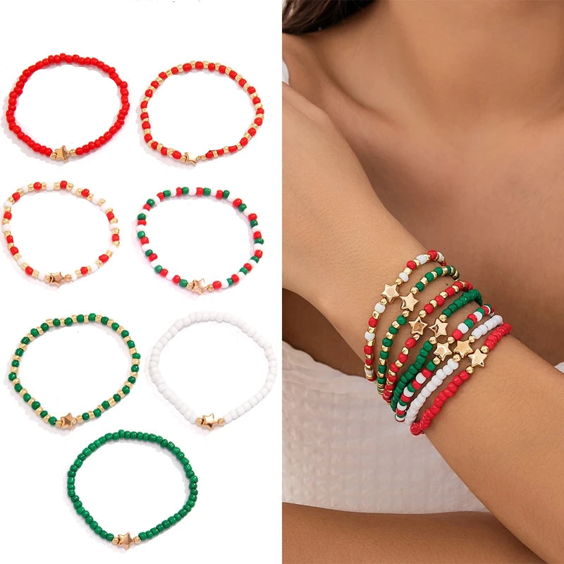 5PCS Christmas Crystal Charm Bracelet Set – Snowflake, Tree & Beaded Adjustable Rope Bracelets for Women