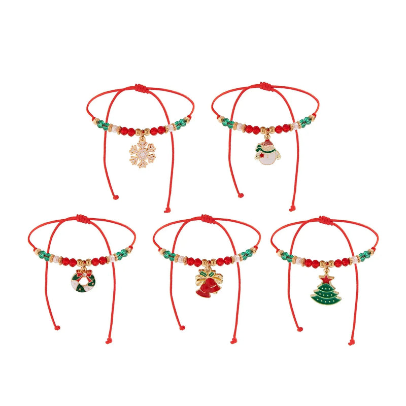5PCS Christmas Crystal Charm Bracelet Set – Snowflake, Tree & Beaded Adjustable Rope Bracelets for Women