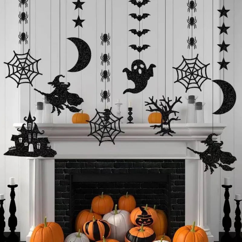 6pcs Halloween Hanging Banner Garland - Spider, Witch, Ghost & Bat Pendants | Spooky Halloween Party Decorations for Home