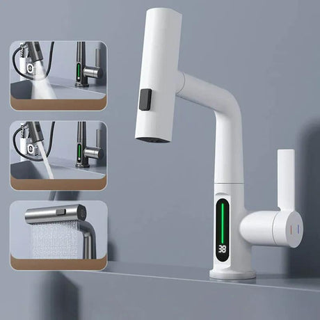 Pulling Lifting Digital Display Faucet Bathroom Smart Temp Tap 360 Rotating Faucet 5Sprayer Water Saving Hot Cold Washbasin Faucet - novelvine