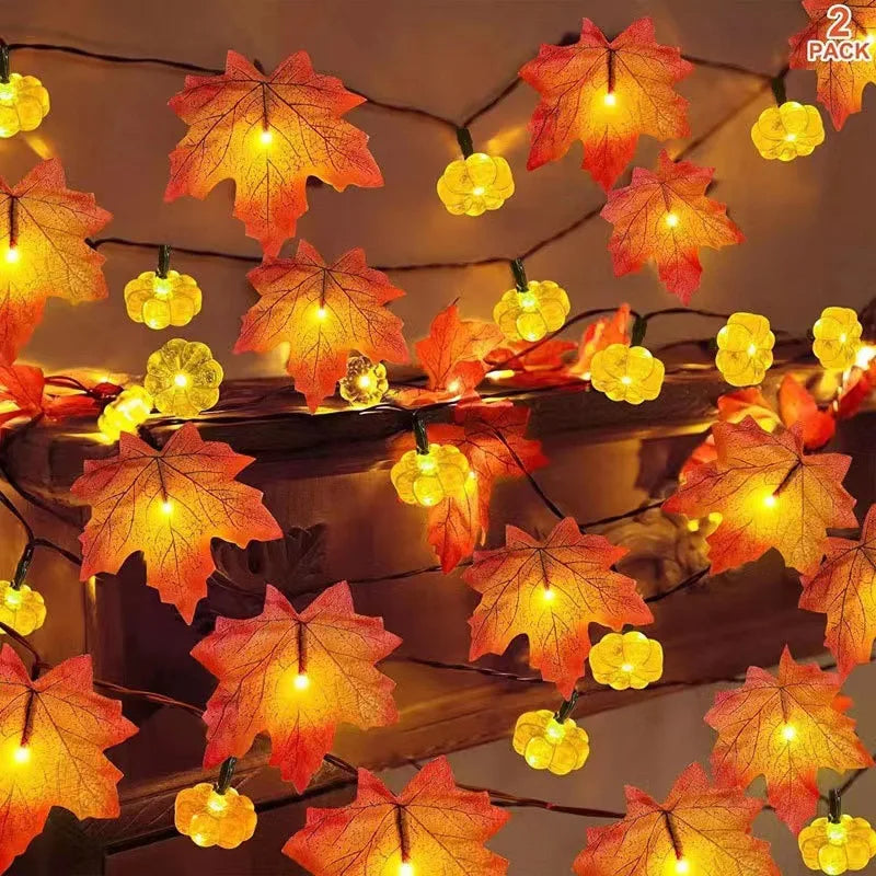 Autumn Maple Leaf & Pumpkin Garland with LED Lights – Thanksgiving & Halloween Décor