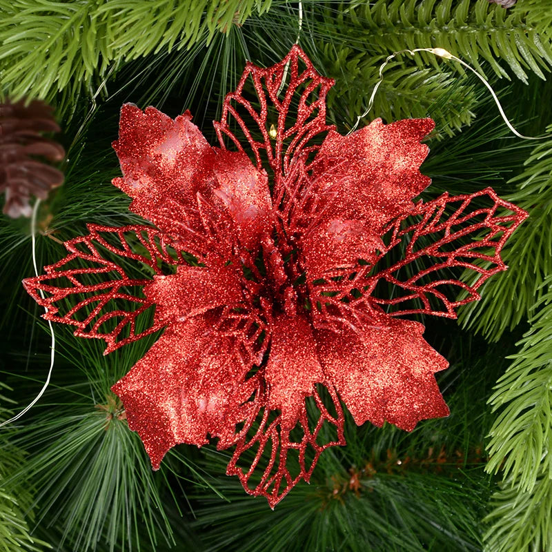 5pcs Glitter Artificial Christmas Flowers – 9-16cm Xmas Tree Decorations, Home Décor Ornaments, Fake Flowers for New Year & Holiday Décor