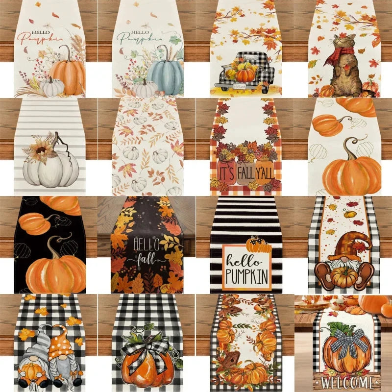 Autumn Thanksgiving Table Runner – Linen Buffalo Plaid with Pumpkins & Mushrooms | Indoor & Outdoor Dining Table Decoration