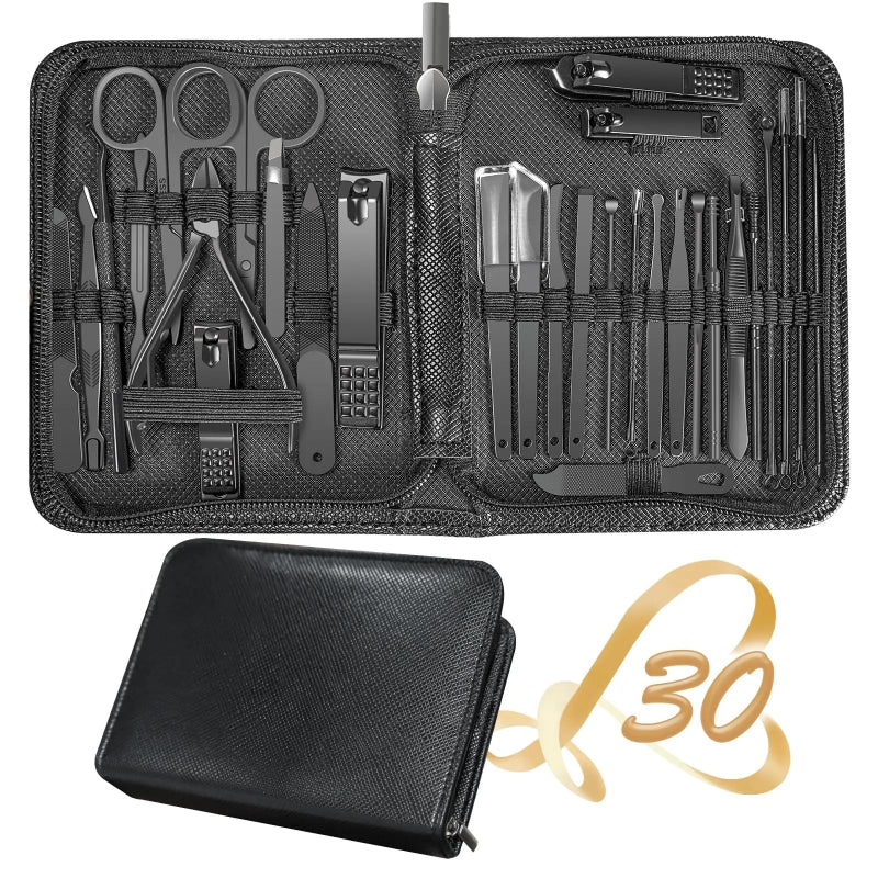 30-Piece Professional Nail Clippers Manicure & Pedicure Set with Portable Travel Case – Stainless Steel Cuticle Nippers & Precision Nail Care Kit