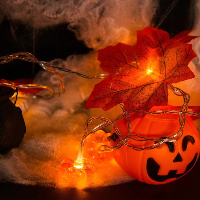 Autumn Maple Leaf & Pumpkin Garland with LED Lights – Thanksgiving & Halloween Décor