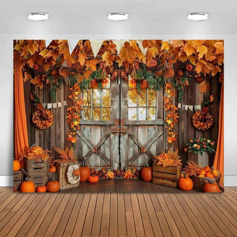 Fall Harvest Pumpkin Barn Backdrop – Autumn Maple Thanksgiving Photography Background for Festivals