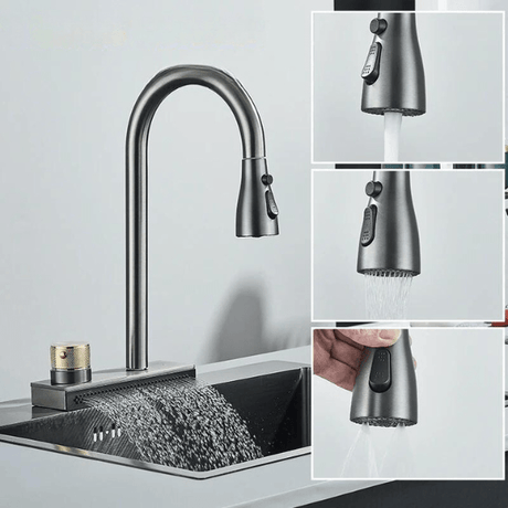 Kitchen Faucet Flexible Pull Out 3 Way Nozzle Gourmet Kitchen Faucets Black Rain Waterfall Kitchen Sink Mixer Tap Crane - novelvine