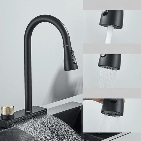 Kitchen Faucet Flexible Pull Out 3 Way Nozzle Gourmet Kitchen Faucets Black Rain Waterfall Kitchen Sink Mixer Tap Crane